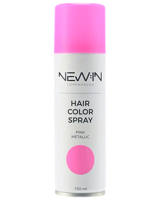 New in Copenhagen pink metallic hårfarvespray, 150 ml dåse med hvid krop og pink låg.