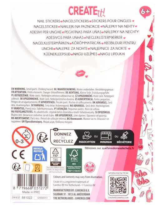 Pakke med Create It! negleklistermærker til børn fra 6 år. Indeholder forskellige farverige designs. Ikke egnet til børn under 3 år. Vegansk og genanvendelig emballage.