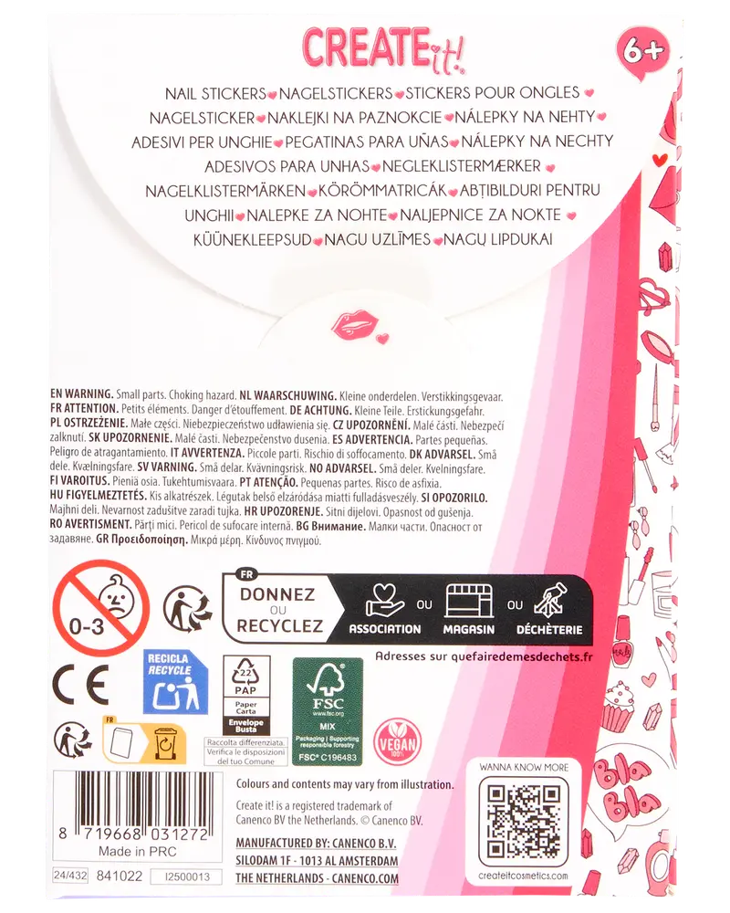 Pakke med Create It! negleklistermærker til børn fra 6 år. Indeholder forskellige farverige designs. Ikke egnet til børn under 3 år. Vegansk og genanvendelig emballage.