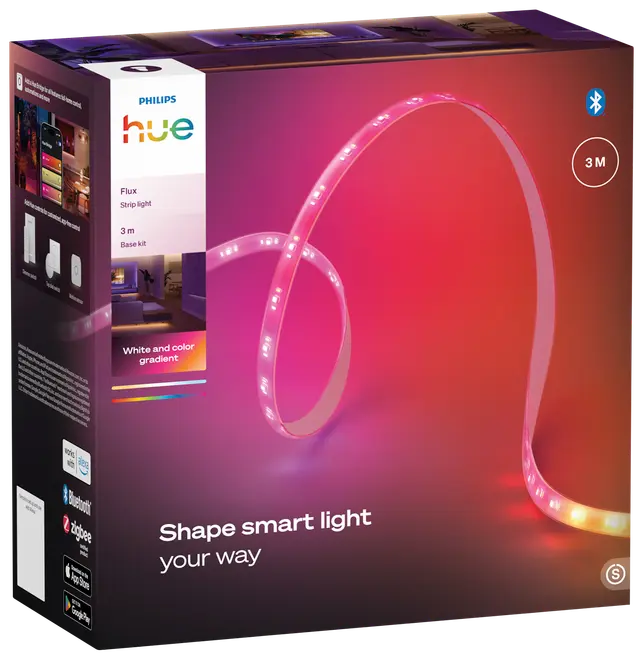 Philips Hue Flux 3m smart LED-lysbånd, hvid og farvegradient, Bluetooth og Zigbee, fleksibel til tilpasning, appstyring, ideel til hjemmeindretning.