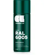 Spraydåse med Cosmos Lac blank akrylmaling, RAL 6005 mosgrøn, 400 ml. Ultra-højglans finish, hurtigtørrende formel og anti-dryp dyse for jævn påføring.