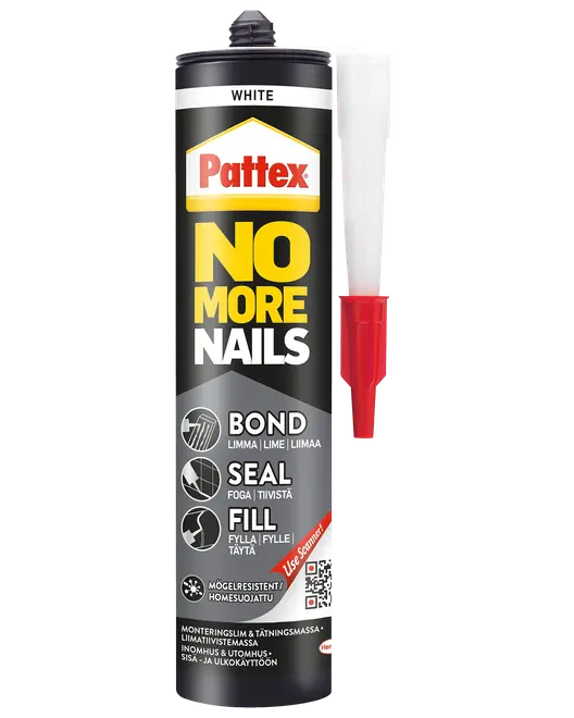 Pattex No More Nails lim- og tætningsmasse, hvid, til limning, tætning og udfyldning. Skimmelsvampresistent, egnet til inde- og udendørs brug. Med præcisionsdyse.