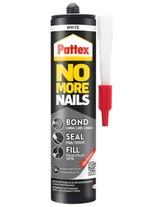 Pattex No More Nails lim- og tætningsmasse, hvid, til limning, tætning og udfyldning. Skimmelsvampresistent, egnet til inde- og udendørs brug. Med præcisionsdyse.