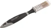 Målarpensel med svart och grå ergonomiskt handtag, silverfärgad metallhylsa och vita syntetborst. Handtaget har hål för upphängning och Schuster-märke tryckt på.