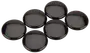 Set med sex släta, runda, svarta glasstenar med blank yta. Perfekta för pyssel, dekoration eller brädspel. Alla stenar är lika stora och formade.