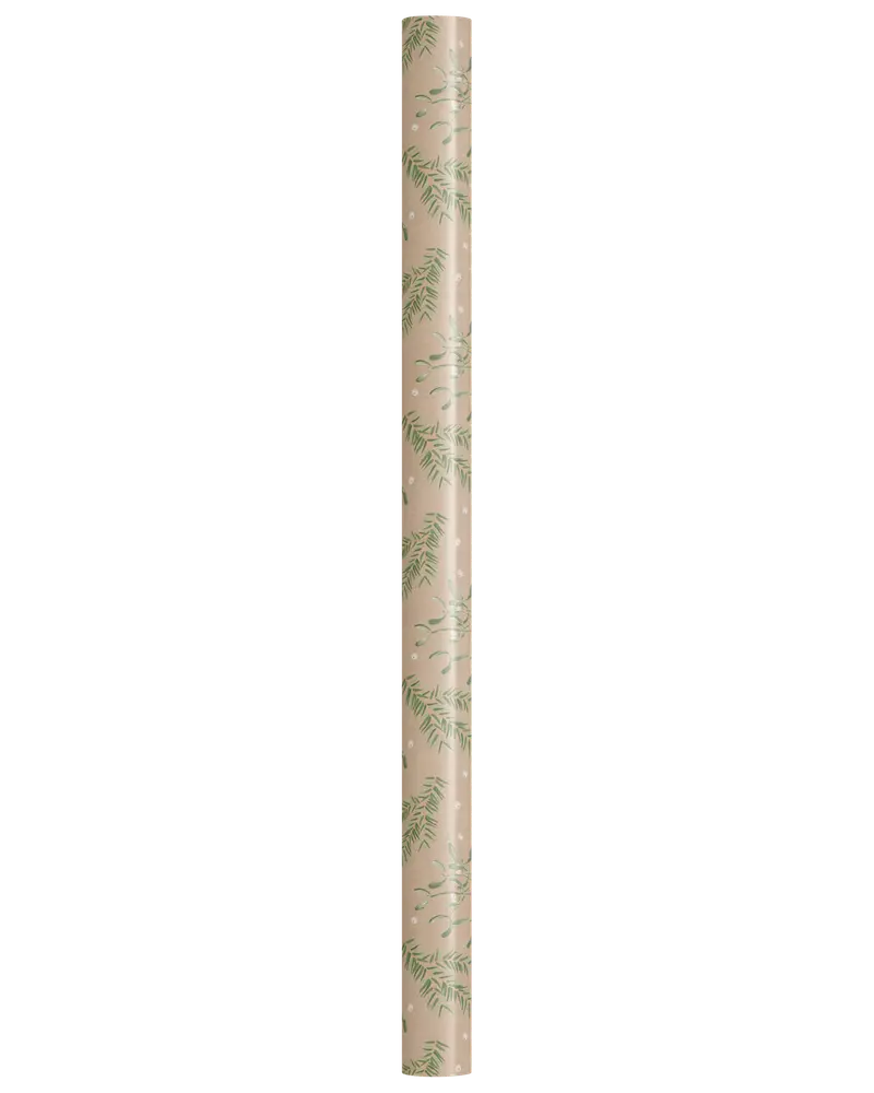 Ett ihoprullat ark med grönt blad- och bärrmönster på beige bakgrund.