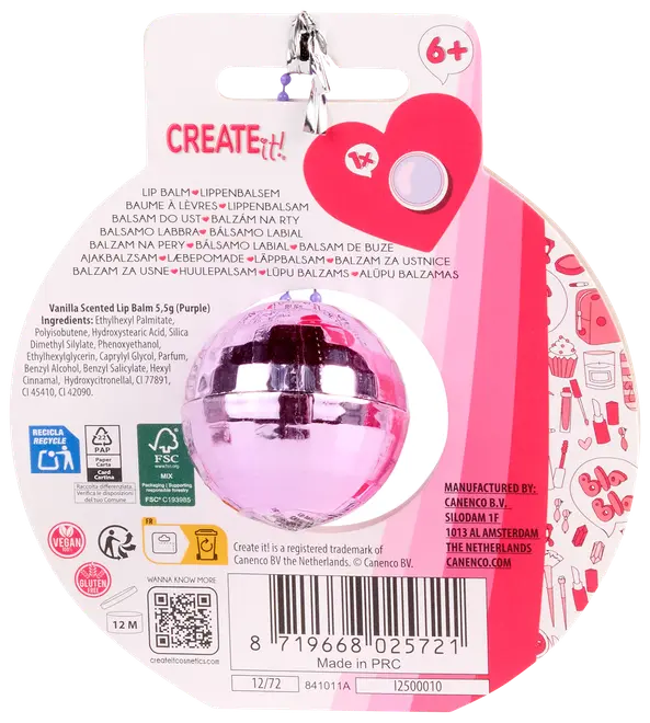 Vaniljeduftende læbepomade i en skinnende, lilla diskokugleformet beholder. Egnet til børn fra 6 år. Vegansk og glutenfri. Nøglekæde medfølger for nem transport.