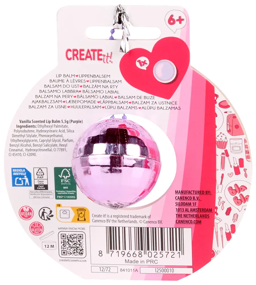 Vaniljeduftende læbepomade i en skinnende, lilla diskokugleformet beholder. Egnet til børn fra 6 år. Vegansk og glutenfri. Nøglekæde medfølger for nem transport.