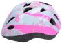 Cykelhjälm i rosa och vitt med blommönster, flera ventilationsöppningar och mörk vadderad insida.