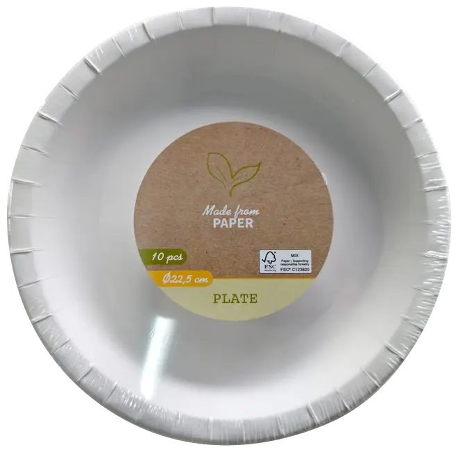 Hvide engangstallerkener i papir, runde og lave med rillet kant og midteretiket, 10 stk., 22,5 cm i diameter, lavet af papir.