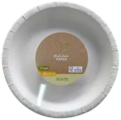 Hvide engangstallerkener i papir, runde og lave med rillet kant og midteretiket, 10 stk., 22,5 cm i diameter, lavet af papir.