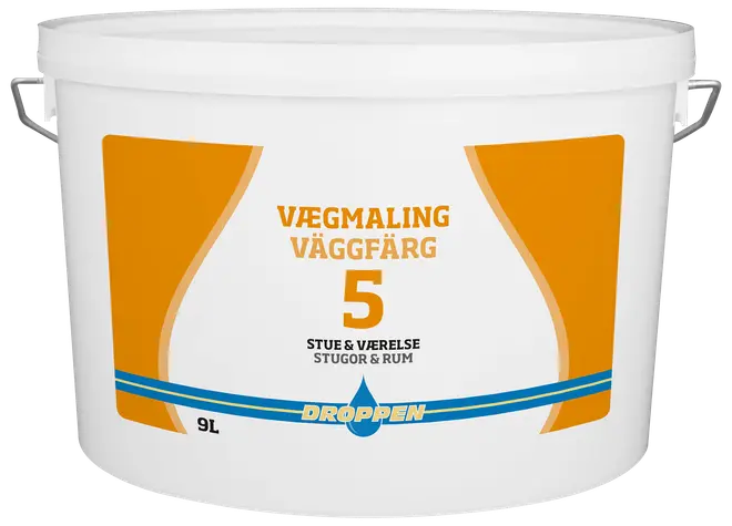 Hvid 9-liters plastspand med Droppen vægmaling, mærket til stue og værelse, orange og blå grafik, metalhåndtag og tekst på dansk og svensk.