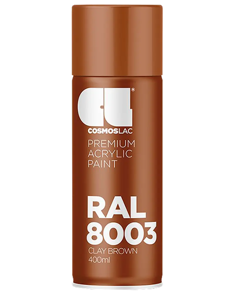Cosmoslac spraydåse med premium akrylmaling, RAL 8003 lerbrun farve, 400 ml. Cylindrisk beholder med brun låg og hvid tekst på forsiden.