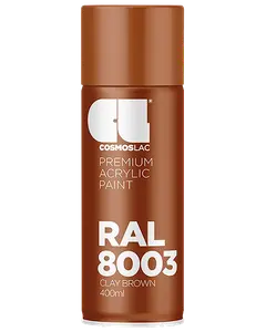 Cosmoslac spraydåse med premium akrylmaling, RAL 8003 lerbrun farve, 400 ml. Cylindrisk beholder med brun låg og hvid tekst på forsiden.