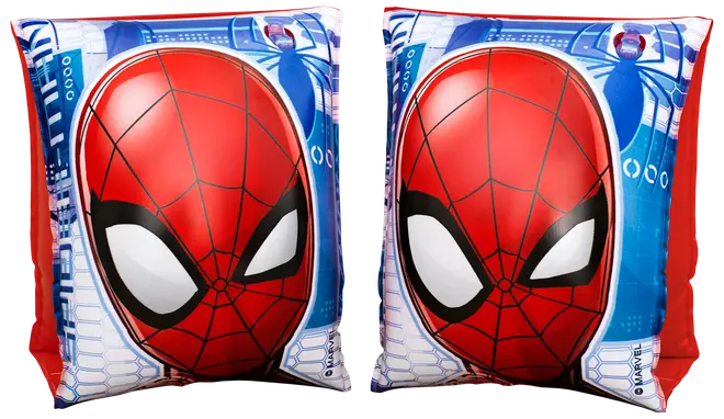 Ett par uppblåsbara Spider-Man armringar för simning, med röd och svart Spider-Man-mask på blå bakgrund. Passar barn, ger flytkraft och säkerhet i vattnet.