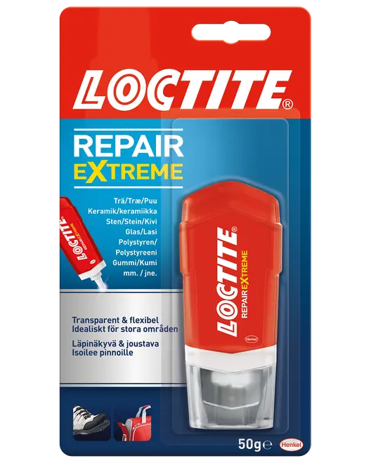 Loctite Repair Extreme lim, 50g tube, egnet til træ, keramik, sten, glas, polystyren og gummi. Transparent, fleksibel, ideel til store overflader. Rød og hvid emballage.