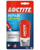 Loctite Repair Extreme lim, 50g tube, egnet til træ, keramik, sten, glas, polystyren og gummi. Transparent, fleksibel, ideel til store overflader. Rød og hvid emballage.