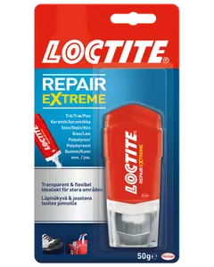 Loctite Repair Extreme lim, 50g tube, egnet til træ, keramik, sten, glas, polystyren og gummi. Transparent, fleksibel, ideel til store overflader. Rød og hvid emballage.