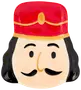 Keramiktallrik formad som en nötknäckares ansikte med röd hatt, svart hår, mustasch och enkla målade ansiktsdrag. Perfekt för festdukning.