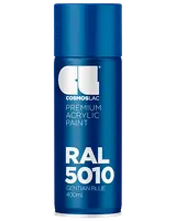 Cosmoslac Premium Akryl Spraymaling, 400ml, RAL 5010 Gentian Blue. Elegant blå dåse med hvid tekst, egnet til forskellige overflader og professionel brug.