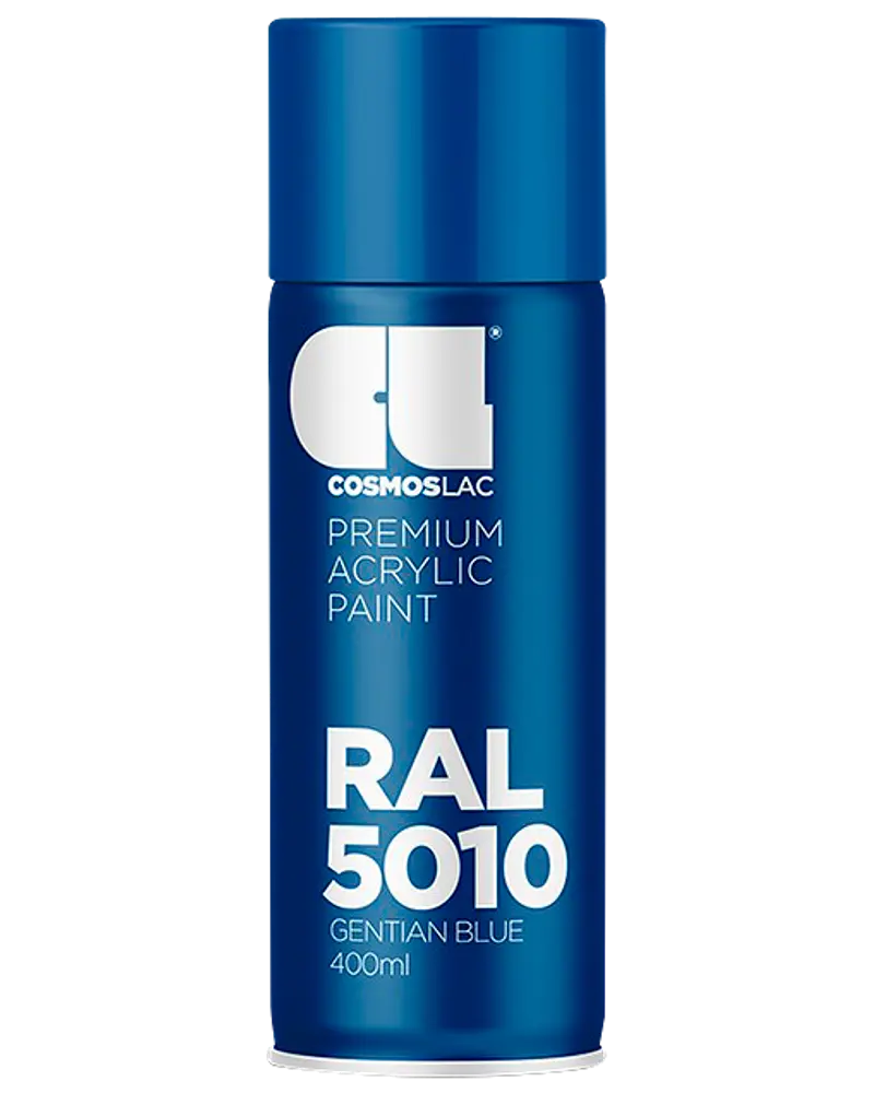 Cosmoslac Premium Akryl Spraymaling, 400ml, RAL 5010 Gentian Blue. Elegant blå dåse med hvid tekst, egnet til forskellige overflader og professionel brug.