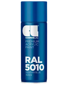 Cosmoslac Premium Akryl Spraymaling, 400ml, RAL 5010 Gentian Blue. Elegant blå dåse med hvid tekst, egnet til forskellige overflader og professionel brug.