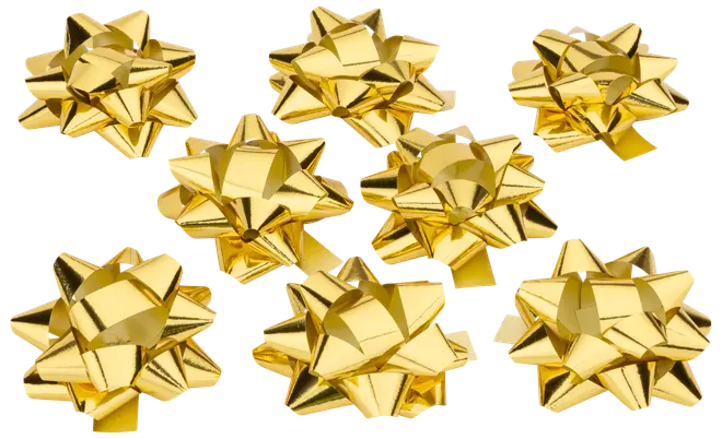 Sæt med otte skinnende, metalliske guld gavebåndssløjfer i klassisk stjerneform. Hver sløjfe har flere løkker og selvklæbende bagside til nem påsætning.