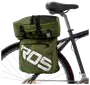 Grön cykelväska med stor vit "ROS"-text, framficka med dragkedja, toppfack i nät och svarta spännen. Fästs på bakre pakethållare under sadeln.