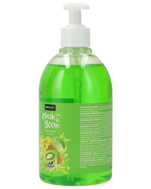Genomskinlig plastflaska med pump, fylld med ljusgrön flytande handtvål. Grön etikett med blommor, produktinformation och vegansymbol. Märkt 'Sence Splash to Bloom'.