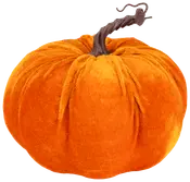 Mjuk pumpadekoration i orange sammetstyg med realistisk brun stjälk och rund form. Perfekt för höst- eller Halloweenpynt. Medelstorlek.