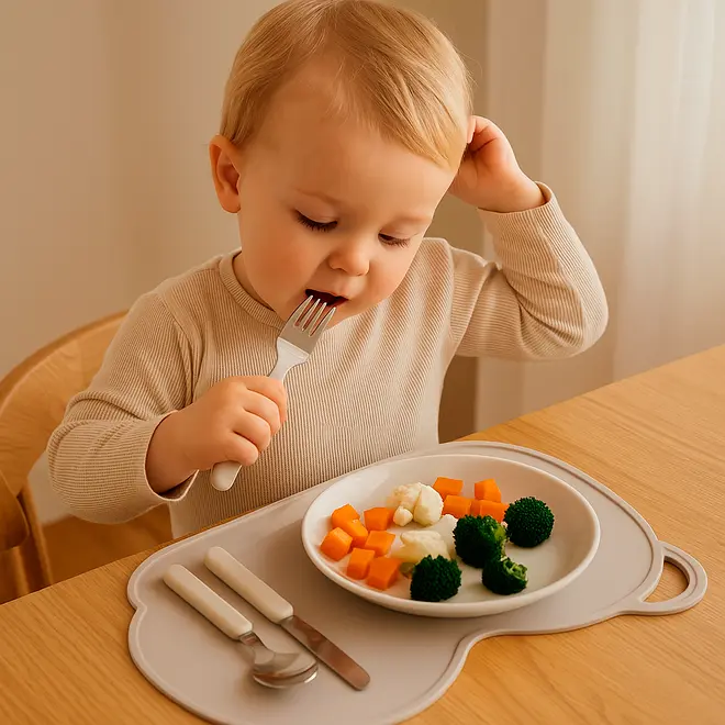 Barnsilikonunderlägg i ljusgrått, format som ett moln. Inkluderar matchande gaffel och sked samt vit tallrik med broccoli, blomkål och tärnad morot. Tål diskmaskin, halkfri.