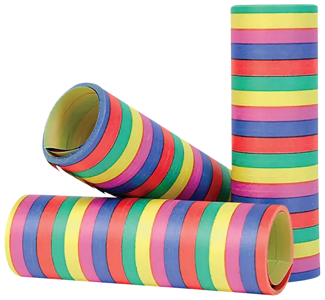 Tre ruller serpentiner med farverige, vandrette striber i rød, gul, grøn, blå og lilla. Lavet af let papir, perfekte til festlige dekorationer og fejringer.