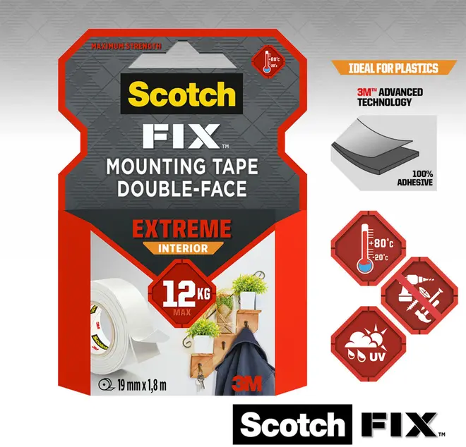 Scotch FIX dobbeltklæbende monteringstape, ekstrem indendørs, holder op til 12 kg, 19 mm x 1,8 m, velegnet til plast, stærk klæbeevne, temperatur- og UV-resistent.