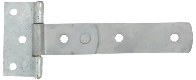 Galvaniserat T-gångjärn i stål med fem skruvhål, passar för grindar eller dörrar. Rektangulär design med bred monteringsplatta och lång arm för stabil infästning.