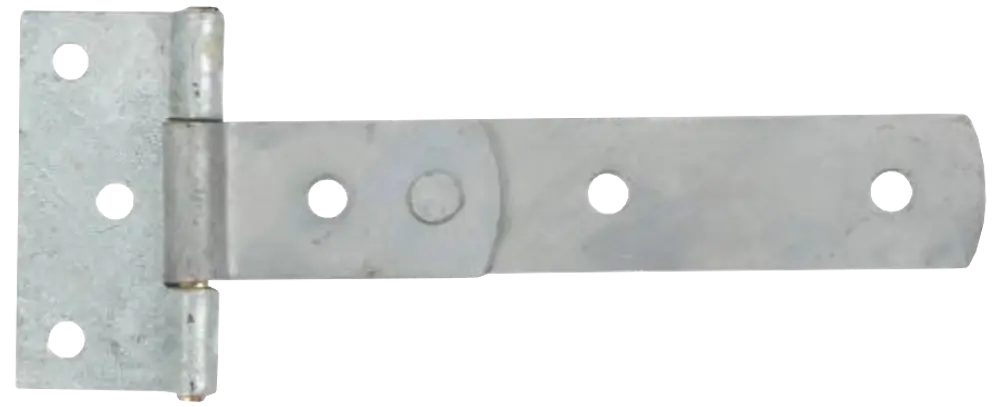 Galvaniseret stål T-hængsel med fem skruehuller, velegnet til porte eller døre. Rektangulært design med bred monteringsplade og lang arm for sikker fastgørelse og jævn drejning.