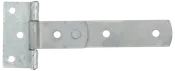 Galvaniseret stål T-hængsel med fem skruehuller, velegnet til porte eller døre. Rektangulært design med bred monteringsplade og lang arm for sikker fastgørelse og jævn drejning.