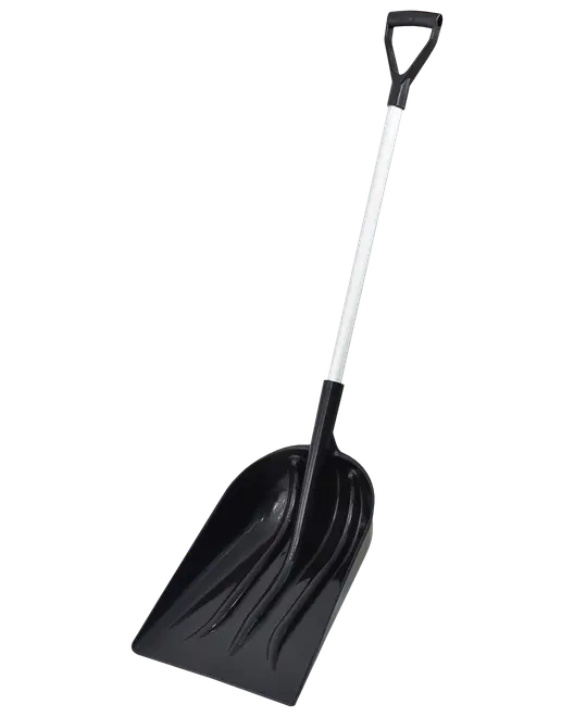 Stor svart snöskyffel med bredt, djupt plastblad och robust metallskaft. Ergonomiskt D-format handtag för bekväm snöröjning.