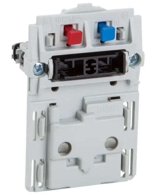 Hvid elektrisk vægkontakt med to runde stikhuller, røde og blå trykknapper samt monteringsskruer. Passer til europæiske stik, beregnet til indbygning i standard elbokse.