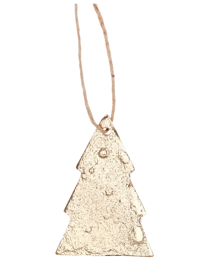 Guldfärgad julgransprydnad med texturerad yta och hängande snöre. Enkel, platt design som passar till juldekoration eller presentinslagning.