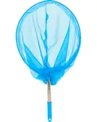 Blåt fiskenet med rundt net, solidt metalhåndtag og blåt plastgreb. Velegnet til fiskeri eller damvedligeholdelse. Let og nem at bruge.