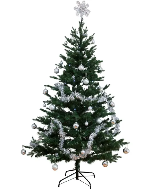 Kunstigt grønt juletræ med sølvguirlande, sølvkugler og en sølv snefnug-topstjerne. Leveres med sort metalfod. Velegnet til indendørs juleudsmykning.