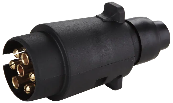 Sort 7-polet trailerstikadapter med guldbelagte ben, robust plastkabinet og låsetap. Velegnet til tilslutning af trailerlys til bilens elsystem.