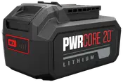 Svart litiumjonbatteripaket märkt 'PWR CORE 20 LITHIUM', med laddningsindikator och robust design, passar elverktyg som kräver 20V uppladdningsbara batterier.