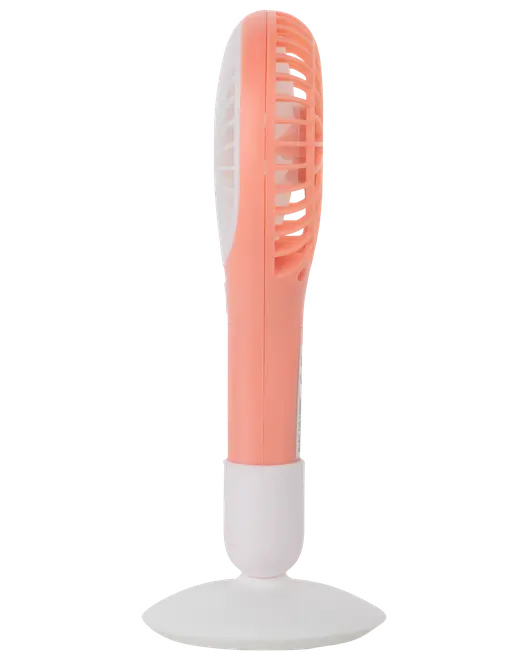 Kompakt handhållen fläkt med rosa och vit kropp, skyddsgaller framtill och rund bas för stabilitet. Perfekt för personlig svalka hemma eller på resan.