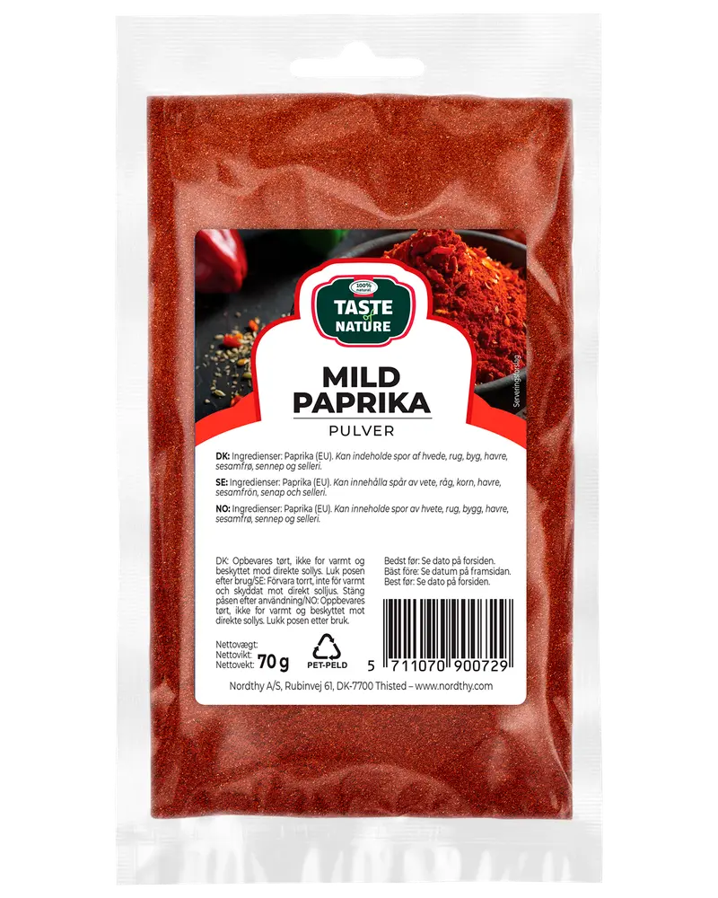 70g påse Taste Nature mild paprikapulver, finmalt, i återförslutningsbar plastförpackning med tydlig etikett. Passar till kryddning och matlagning, mild smakprofil.