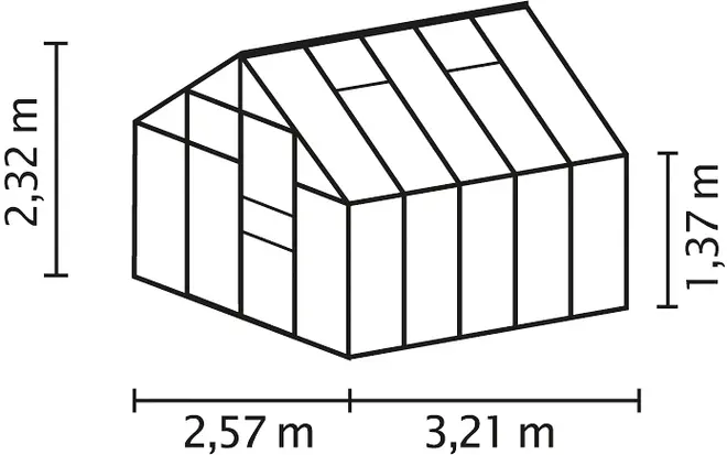 Växthus med sadeltak, rektangulär form, dörr och fönsterpaneler. Mått: 2,32 m höjd, 2,57 m bredd, 3,21 m längd, 1,37 m sidoväggshöjd.