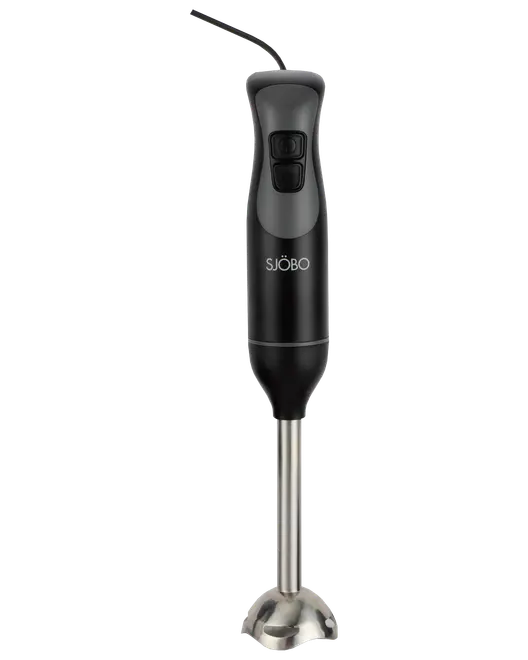 Sort SJÖBO stavblender med ergonomisk håndtag, to kontrolknapper og blenderstang i rustfrit stål. Kompakt design til blanding, purering og blendning af ingredienser i køkkenet.