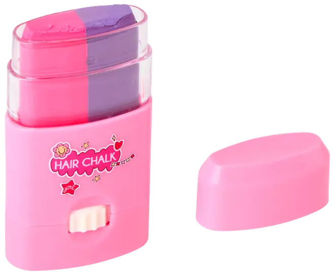 Pink hårkridt-applikator med to farver, pink og lilla, i stiftformat. Har aftageligt låg og drejemekanisme for nem påføring. Velegnet til midlertidig hårfarvning.