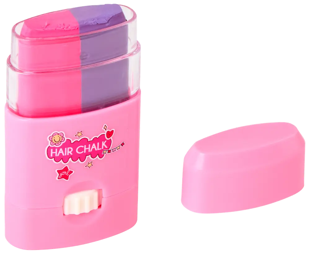 Pink hårkridt-applikator med to farver, pink og lilla, i stiftformat. Har aftageligt låg og drejemekanisme for nem påføring. Velegnet til midlertidig hårfarvning.