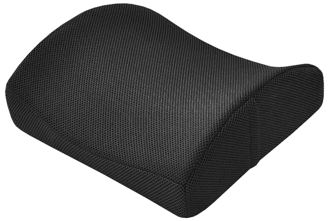 Sort mesh-lændepude med ergonomisk buet form og formede sider til støtte for ryg eller sæde.